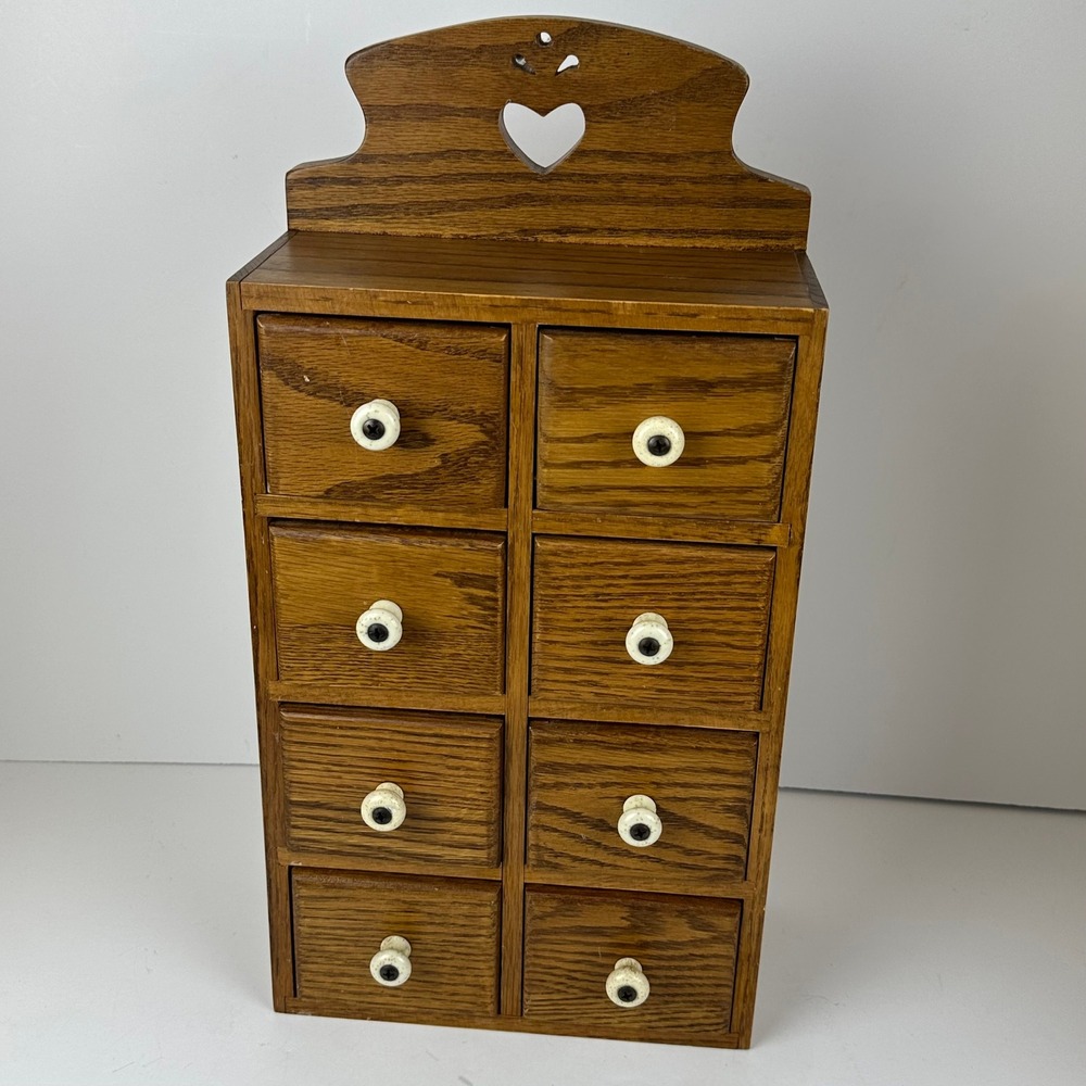 Vtg Yield House Wood Apothecary Spice Cabinet 8 Drawer Heart Cottage Farmhouse